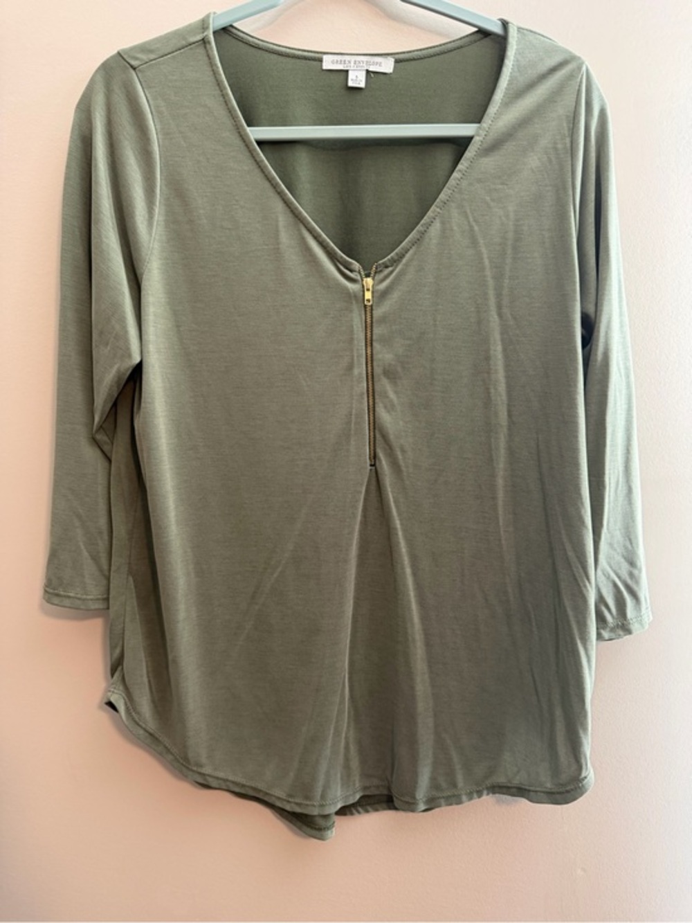 Green Envelope Olive V-Neck Zip-Front Long Sleeve Top